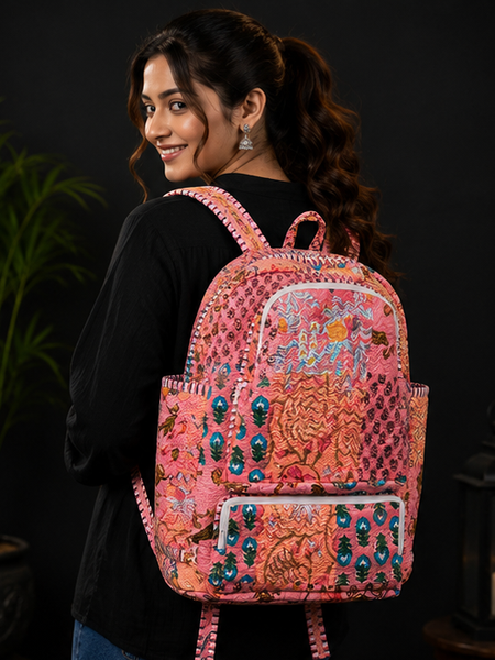 Cotton Quilted Patchwork Backpack – Peach screen Printed Indian Tote Bag - kraafty-com