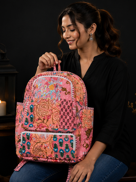 Cotton Quilted Patchwork Backpack – Peach screen Printed Indian Tote Bag - kraafty-com