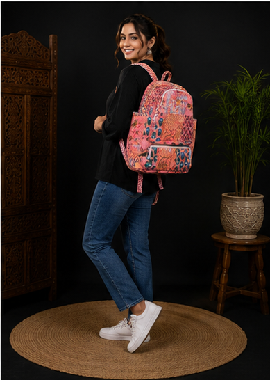 Cotton Quilted Patchwork Backpack – Peach screen Printed Indian Tote Bag - kraafty-com