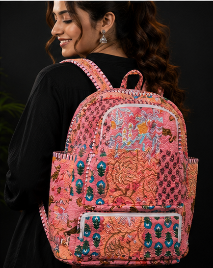 Cotton Quilted Patchwork Backpack – Peach screen Printed Indian Tote Bag - kraafty-com