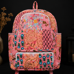 Cotton Quilted Patchwork Backpack – Peach screen Printed Indian Tote Bag - kraafty-com