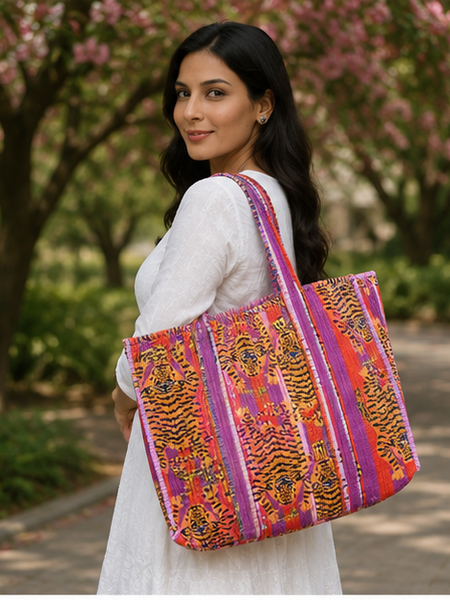 Quilted Cotton Red Tote Bag | Hand-Printed Reversible Beach Bag for Women - kraafty-com