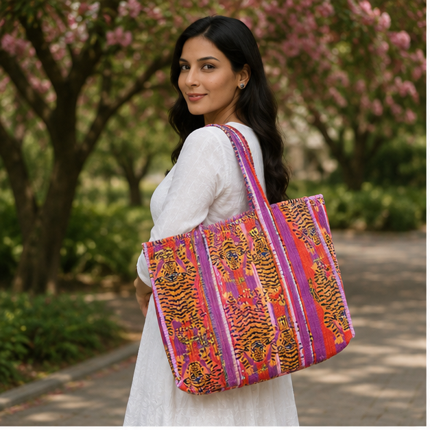 Quilted Cotton Red Tote Bag | Hand-Printed Reversible Beach Bag for Women - kraafty-com