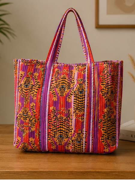 Quilted Cotton Red Tote Bag | Hand-Printed Reversible Beach Bag for Women - kraafty-com