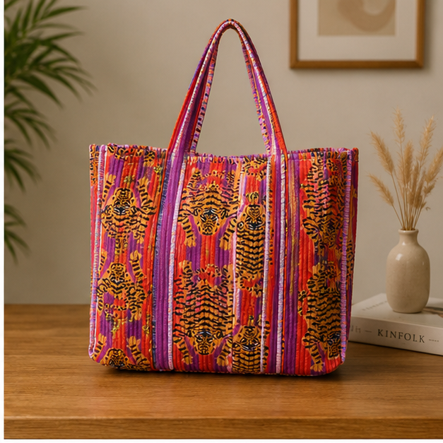 Quilted Cotton Red Tote Bag | Hand-Printed Reversible Beach Bag for Women - kraafty-com