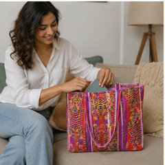 Quilted Cotton Red Tote Bag | Hand-Printed Reversible Beach Bag for Women - kraafty-com