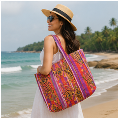 Quilted Cotton Red Tote Bag | Hand-Printed Reversible Beach Bag for Women - kraafty-com