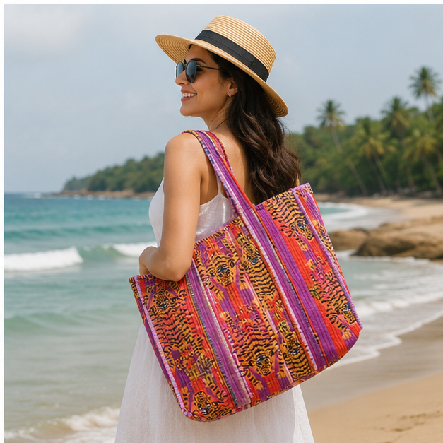 Quilted Cotton Red Tote Bag | Hand-Printed Reversible Beach Bag for Women - kraafty-com