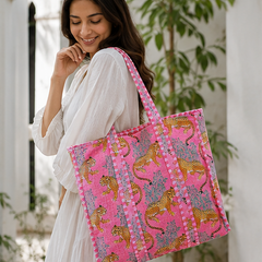 Indian Handmade Cotton Pink Tote Bag, Quilted Leopard Shoulder Bag for Women