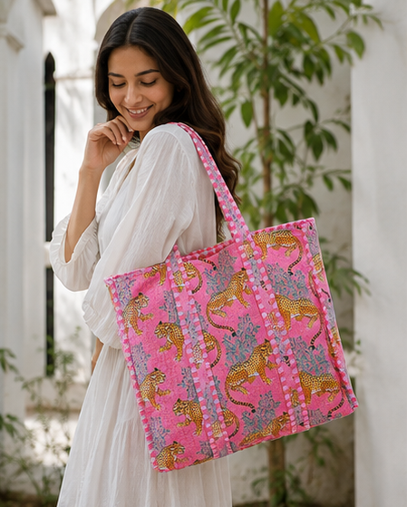 Indian Handmade Cotton Pink Tote Bag, Quilted Leopard Shoulder Bag for Women