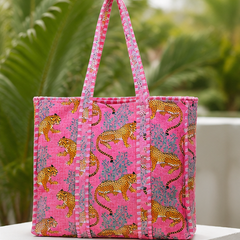 Indian Handmade Cotton Pink Tote Bag, Quilted Leopard Shoulder Bag for Women