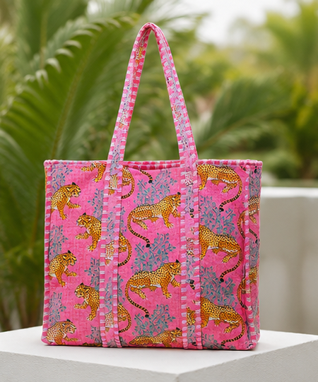 Indian Handmade Cotton Pink Tote Bag, Quilted Leopard Shoulder Bag for Women
