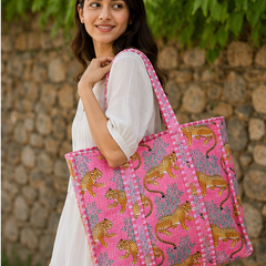 Indian Handmade Cotton Pink Tote Bag, Quilted Leopard Shoulder Bag for Women