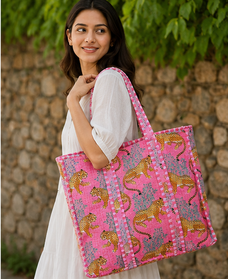 Indian Handmade Cotton Pink Tote Bag, Quilted Leopard Shoulder Bag for Women