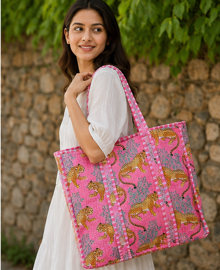 Indian Handmade Cotton Pink Tote Bag, Quilted Leopard Shoulder Bag for Women