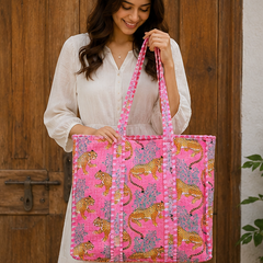 Indian Handmade Cotton Pink Tote Bag, Quilted Leopard Shoulder Bag for Women