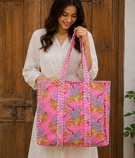 Indian Handmade Cotton Pink Tote Bag, Quilted Leopard Shoulder Bag for Women