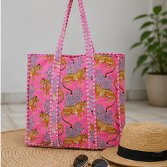 Indian Handmade Cotton Pink Tote Bag, Quilted Leopard Shoulder Bag for Women