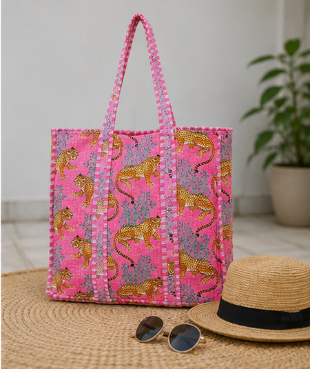 Indian Handmade Cotton Pink Tote Bag, Quilted Leopard Shoulder Bag for Women