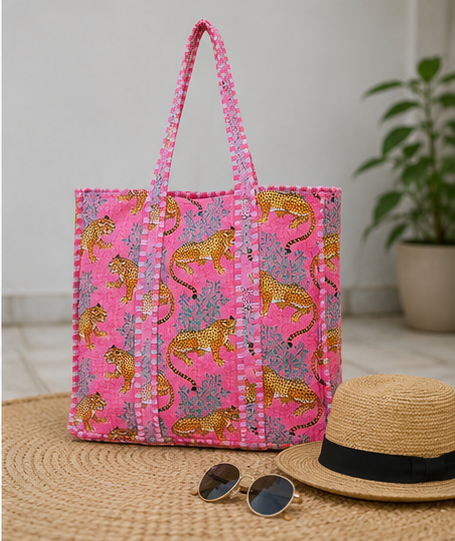 Indian Handmade Cotton Pink Tote Bag, Quilted Leopard Shoulder Bag for Women