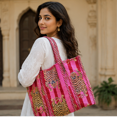 Eco-Friendly Cotton Pink Tote Bag | Quilted, Reversible, Handmade Beach Tote - kraafty-com
