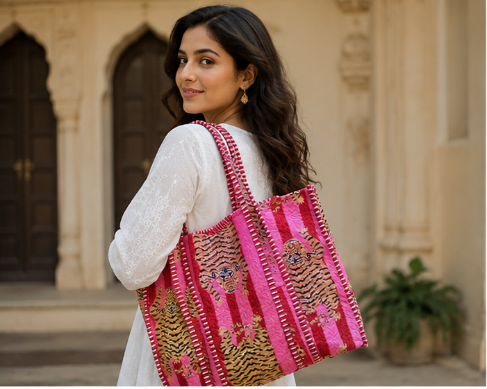 Eco-Friendly Cotton Pink Tote Bag | Quilted, Reversible, Handmade Beach Tote - kraafty-com