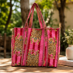 Eco-Friendly Cotton Pink Tote Bag | Quilted, Reversible, Handmade Beach Tote - kraafty-com