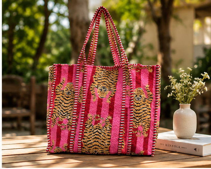 Eco-Friendly Cotton Pink Tote Bag | Quilted, Reversible, Handmade Beach Tote - kraafty-com