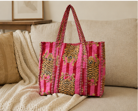 Eco-Friendly Cotton Pink Tote Bag | Quilted, Reversible, Handmade Beach Tote - kraafty-com