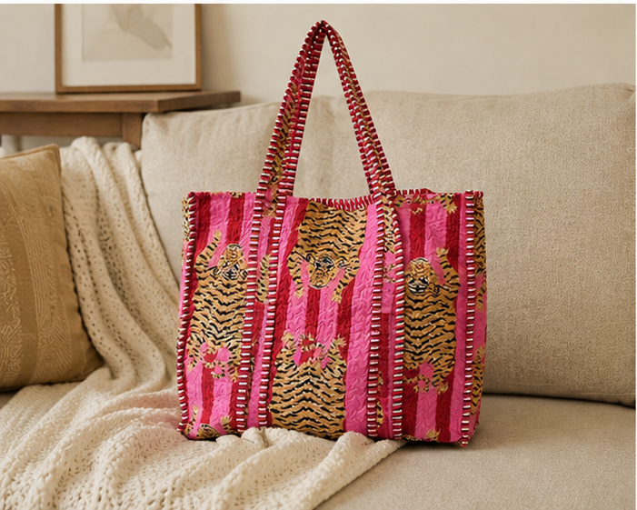 Eco-Friendly Cotton Pink Tote Bag | Quilted, Reversible, Handmade Beach Tote - kraafty-com