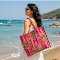 Eco-Friendly Cotton Pink Tote Bag | Quilted, Reversible, Handmade Beach Tote - kraafty-com
