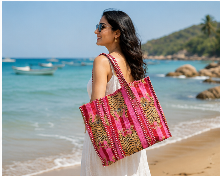 Eco-Friendly Cotton Pink Tote Bag | Quilted, Reversible, Handmade Beach Tote - kraafty-com