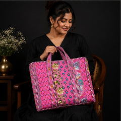 Handmade Reversible Cotton Zipper Tote Bag | Pink Quilted Design - kraafty-com