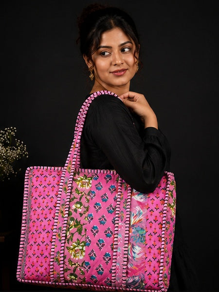 Handmade Reversible Cotton Zipper Tote Bag | Pink Quilted Design - kraafty-com