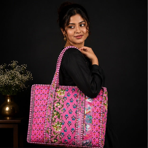 Handmade Reversible Cotton Zipper Tote Bag | Pink Quilted Design - kraafty-com