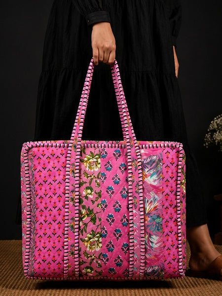 Handmade Reversible Cotton Zipper Tote Bag | Pink Quilted Design - kraafty-com