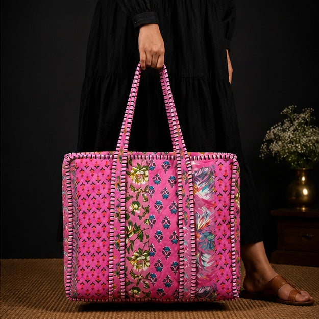 Handmade Reversible Cotton Zipper Tote Bag | Pink Quilted Design - kraafty-com