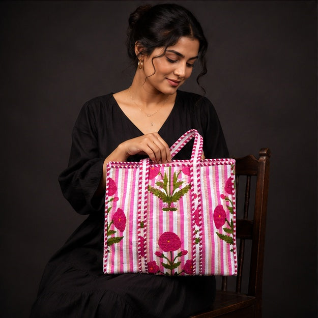 Reversible Quilted Floral Cotton Pink Tote Bag with Interior Pocket - kraafty-com
