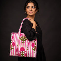 Reversible Quilted Floral Cotton Pink Tote Bag with Interior Pocket - kraafty-com