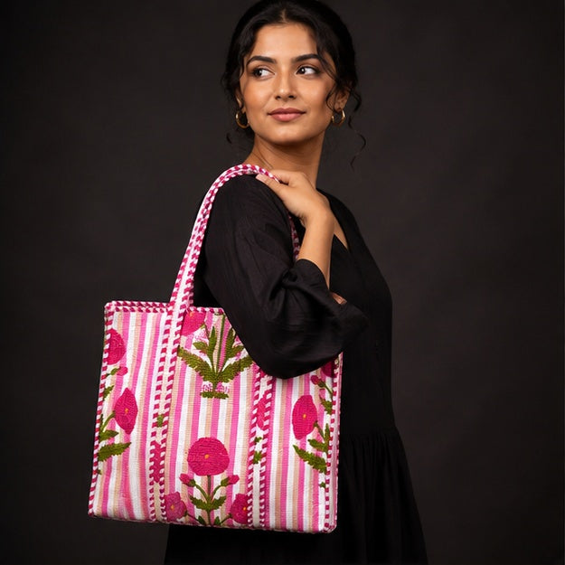 Reversible Quilted Floral Cotton Pink Tote Bag with Interior Pocket - kraafty-com