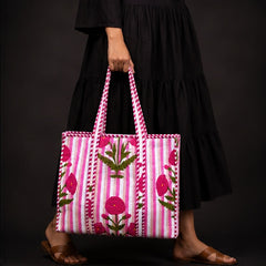 Reversible Quilted Floral Cotton Pink Tote Bag with Interior Pocket - kraafty-com
