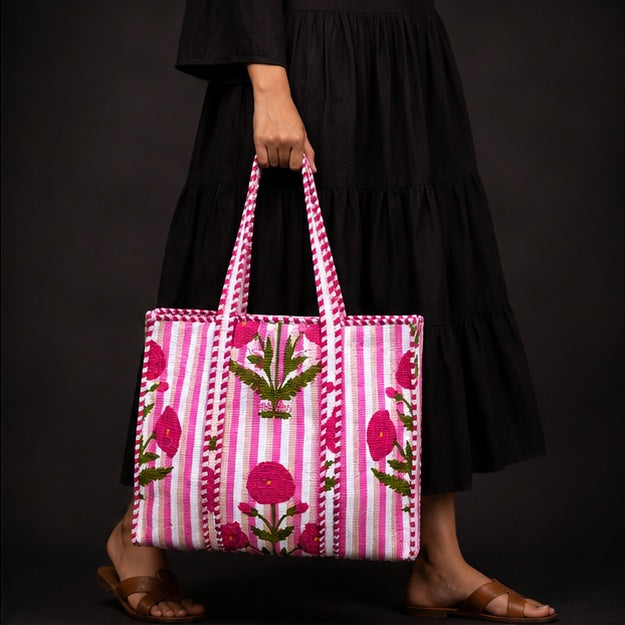 Reversible Quilted Floral Cotton Pink Tote Bag with Interior Pocket - kraafty-com