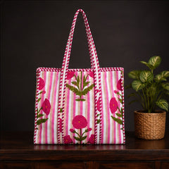Reversible Quilted Floral Cotton Pink Tote Bag with Interior Pocket - kraafty-com