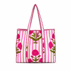 Reversible Quilted Floral Cotton Pink Tote Bag with Interior Pocket - kraafty-com