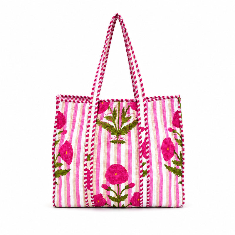 Reversible Quilted Floral Cotton Pink Tote Bag with Interior Pocket - kraafty-com
