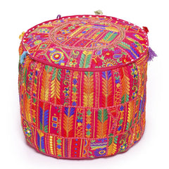 Handmade Bohemian Patchwork Cotton Ottoman Pouf Cover - Multicolor Traditional Khambariya Embroidered Indian Floor Pillow
