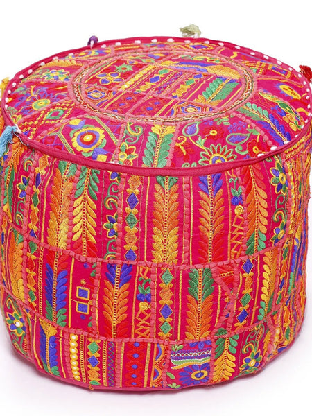 Handmade Bohemian Patchwork Cotton Ottoman Pouf Cover - Multicolor Traditional Khambariya Embroidered Indian Floor Pillow, Vintage Footstool, Hippie Gypsy Home Decor - 5