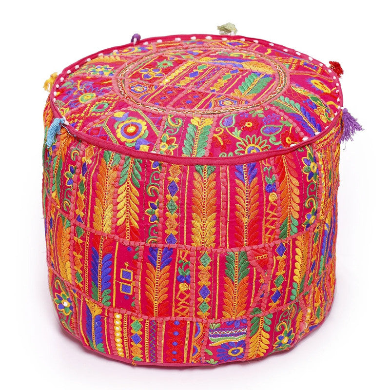 Handmade Bohemian Patchwork Cotton Ottoman Pouf Cover - Multicolor Traditional Khambariya Embroidered Indian Floor Pillow