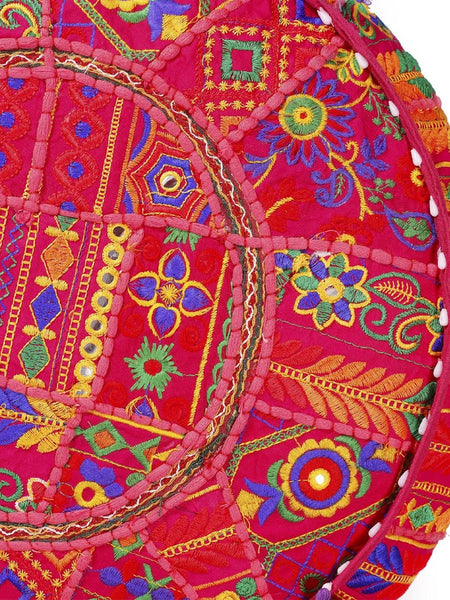 Handmade Bohemian Patchwork Cotton Ottoman Pouf Cover - Multicolor Traditional Khambariya Embroidered Indian Floor Pillow, Vintage Footstool, Hippie Gypsy Home Decor - 5