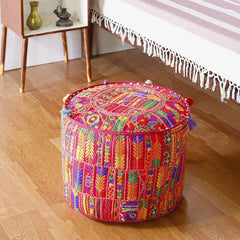 Handmade Bohemian Patchwork Cotton Ottoman Pouf Cover - Multicolor Traditional Khambariya Embroidered Indian Floor Pillow